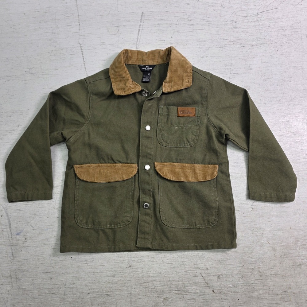 Eddie Bauer Kids Chore Coat Jacket Toddler 2T Olive Corduroy Collar Snap EUC